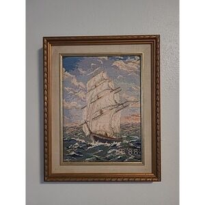 Vintage Clipper Ship Needlepoint Nautical 1988 Initials And Completed